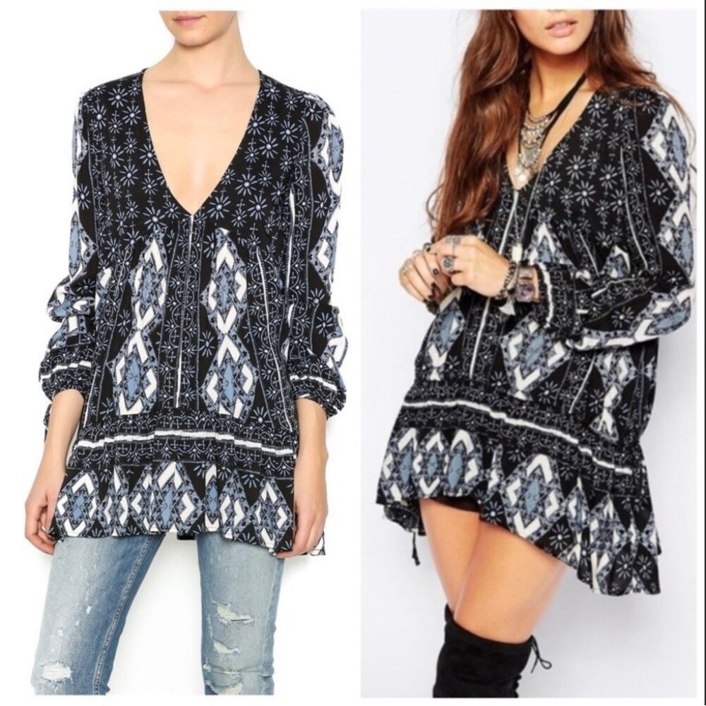 Free Pepole Down by the Bay Mini Dress or Tunic top Blue floral & patterned Sz L